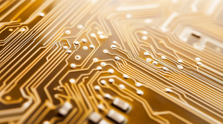 Discover the intricate pathways and connections of a detailed circuit board, showcasing technology design.の素材