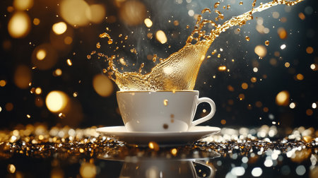 Coffee splashes beautifully into a white cup, surrounded by sparkling golden particles in an artistic arrangement.の素材
