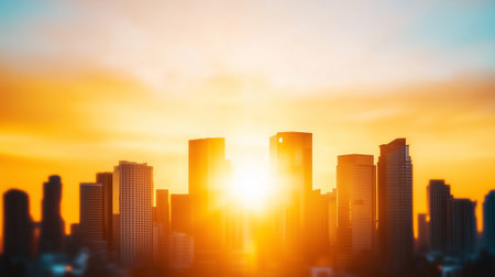 A vibrant sunset illuminates the skyline, accentuating the silhouette of urban buildings against colorful skies.の素材