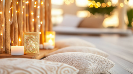 Relax and unwind in this calming meditation area adorned with cushions and flickering candles.の素材