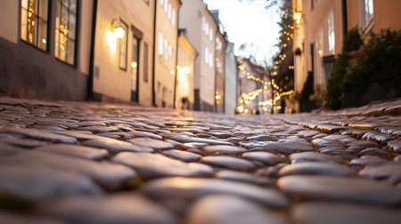 A picturesque cobblestone street glows with soft lights, creating a welcoming atmosphere for evening wanderers.の素材