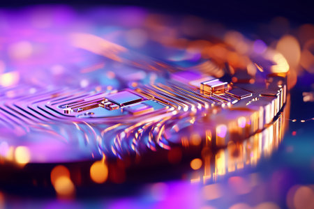 This macro shot showcases a microchip's vibrant colors and intricate circuitry details.の素材