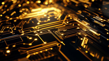 A detailed circuit board design showcases golden lines and complex patterns on a dark background, highlighting elegance.の素材