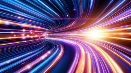 Bright light trails weave through a digital space, symbolizing fast and efficient data transfer in motion.の素材