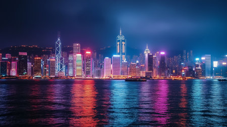 The city skyline comes alive at night with skyscrapers glowing and reflections shimmering on the water's surface.の素材