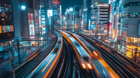 Trains blur as they move swiftly through a vibrant urban environment illuminated by neon lights.の素材