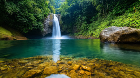 A peaceful waterfall flows into a quiet pool, embraced by rich, green foliage and gently reflecting the sky.の素材