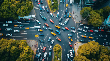 Traffic flows steadily through city intersections surrounded by trees and buildings under daylight conditions.の素材
