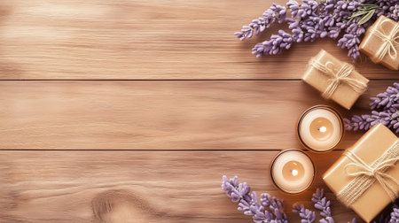 Aromatic essential oils, lavender, candles, and wrapped gifts are beautifully arranged on a rustic wooden surface.の素材