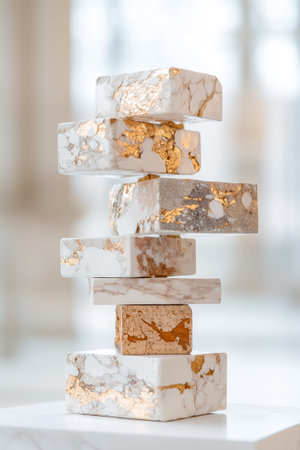 A captivating abstract sculpture crafted from recycled materials stands prominently in a modern art gallery.の素材