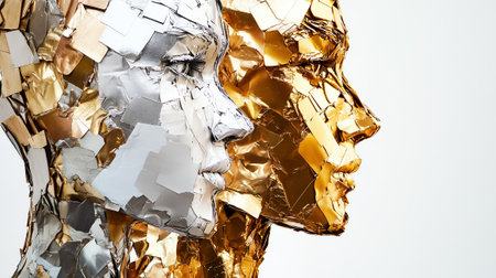 Intricate sculpture displays human-like figures made entirely of recycled metallic materials.の素材
