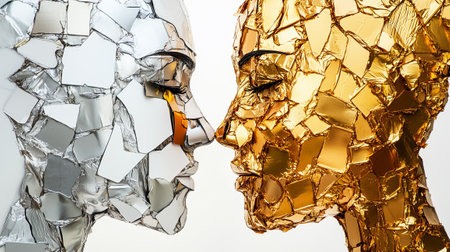 A striking abstract sculpture of two faces, crafted from recycled materials, symbolizes unity and connection.の素材