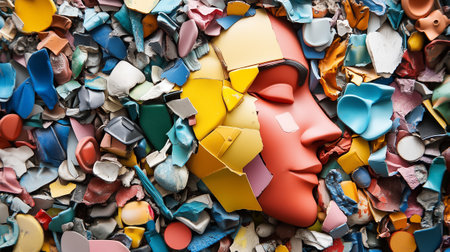 An abstract sculpture made from recycled materials displays a colorful human face surrounded by vibrant fragments.の素材