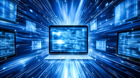 This abstract representation illustrates dynamic data exchange among multiple devices in a digital framework.の素材
