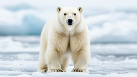A polar bear is observed on an ice floe, surrounded by arctic waters in a tranquil, icy landscape.の素材