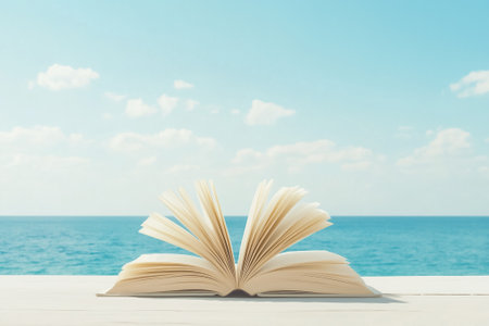 The pages of an open book flutter in the breeze near the tranquil ocean on a bright, sunny afternoon.の素材