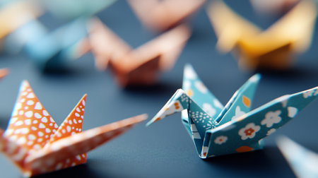 A collection of delicate origami cranes, each uniquely folded from vibrant patterned paper, arranged artistically.の素材