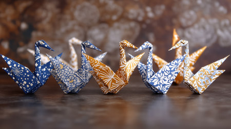 Delicate origami cranes in vibrant patterns are arranged beautifully for creative inspiration.の素材