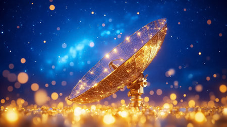 A satellite dish stands ready, reflecting starlight as it points towards a dazzling sky filled with countless stars.の素材