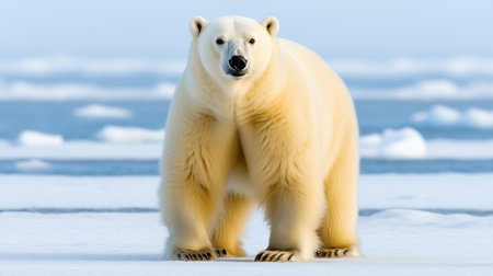 A single polar bear stands on an ice floe, overlooking the calm Arctic waters on a bright and clear day.の素材