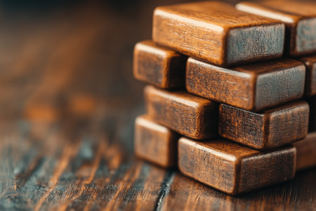 Wooden alphabet blocks are stacked and arranged artistically on a rustic table enjoying a warm and inviting setting.の素材
