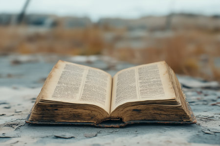 A weathered book rests on cracked ground, its pages turning gently in the breeze of a quiet, abandoned area.の素材