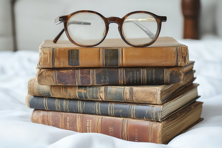 A pile of antique books is topped with a pair of reading glasses, inviting leisurely reading in a relaxed setting.の素材