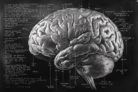 A detailed brain is drawn on a chalkboard with annotations highlighting study concepts.の素材