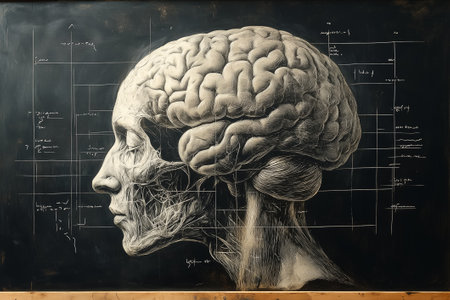 A detailed chalk drawing illustrates the human brain alongside a skull, highlighting anatomical structures.の素材