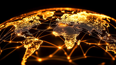 AI nodes link continents, highlighting our interconnected global digital landscape.の素材