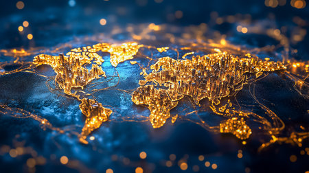 A glowing world map showcases major cities and connections, illustrating a vibrant night view of urban areas.の素材