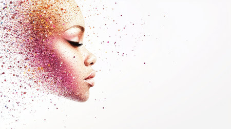 An artistic representation of a woman's profile reveals colors and particles merging, creating a stunning visual effect.の素材