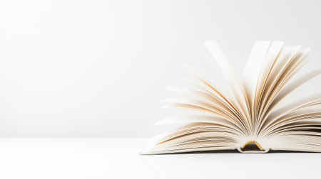 An open book displays its pages fluttering in the wind on a simple, clean surface.の素材