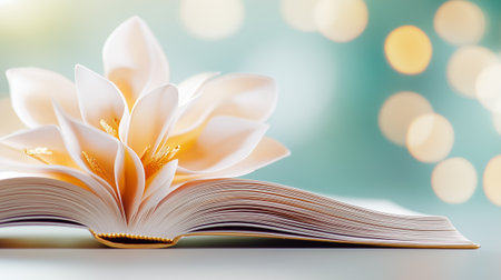 A beautifully open book with turning pages is gently fluttering in the wind, surrounded by warm, soft bokeh lights.の素材
