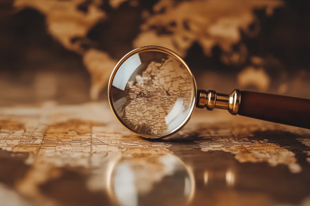 A magnifying glass rests on a world map, highlighting various geographical features and locations in detail.の素材