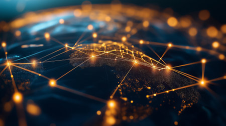 AI network nodes illustrate global connections across continents in a dark, illuminated digital environment.の素材