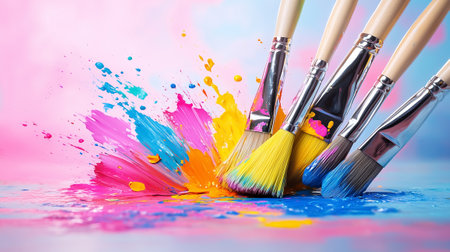 A collection of artist's brushes rests in vibrant paint splatters, showing a burst of color and creativity.の素材