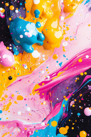 A colorful arrangement of acrylic paints with vibrant hues and playful splashes on a palette, ready for creative use.の素材