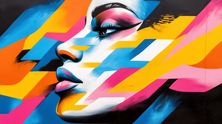 Vibrant graffiti adorns an urban wall, showcasing a stylized female portrait in bright colors.の素材