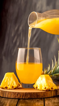 Bright and vibrant pineapple juice cascades from a pitcher into a crystal-clear glass, accompanied by fresh pineapple wedges resting on a wooden board.の素材
