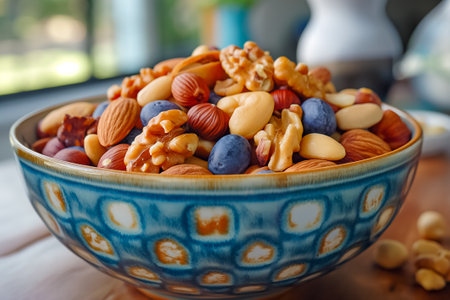 A vibrant mix of assorted nuts and berries fills a beautifully patterned bowl, glistening in the warm sunlight that filters through a cozy kitchen window.の素材