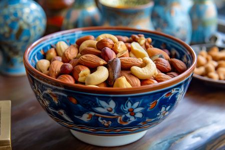A beautifully crafted bowl filled with a variety of nuts, showcasing an array of textures and colors, sits elegantly on a wooden table surrounded by ornate pottery.の素材