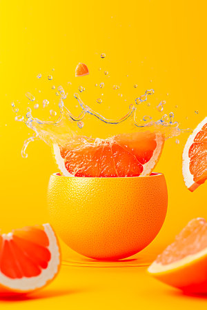 Juicy grapefruit segments leap from a vibrant bowl, sending droplets soaring into the air, all against a bright yellow background, evoking a fresh and lively atmosphere.の素材