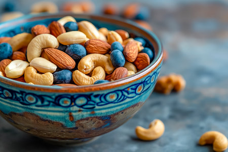 A vibrant bowl brimming with an assortment of nuts and dried fruits sits on a textured surface, offering an enticing, nutritious snack option perfect for any occasion.の素材