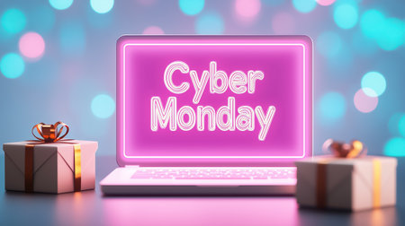 A vibrant laptop screen displays Cyber Monday in bright colors as decorative gifts await festive shopping excitement.の素材