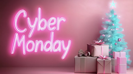 Neon letters say Cyber Monday next to a festively decorated tree with ornaments and wrapped gifts.の素材