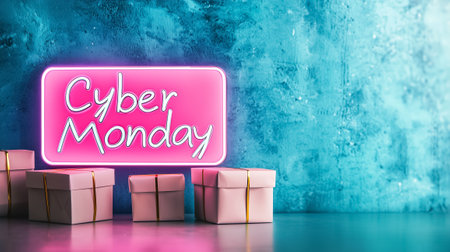 A vibrant neon sign announces Cyber Monday above beautifully wrapped gifts, creating a festive shopping atmosphere.の素材