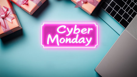 Excitement fills the air as colorful gift boxes surround a vibrant Cyber Monday sign next to a modern laptop.の素材