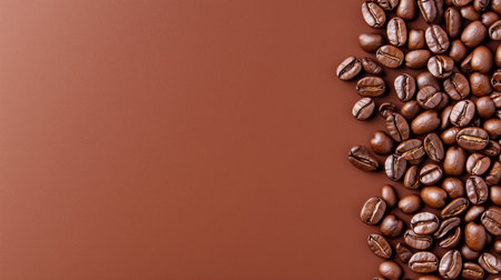 Coffee beans soar above a rich brown background, bringing a lively and playful energy to the scene.の素材