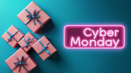 Festive pink gift boxes with blue ribbons sit against a teal backdrop, highlighting the excitement of Cyber Monday.の素材